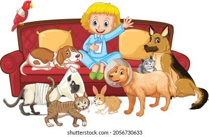 Little girl sitting with many kind of her pets illustration