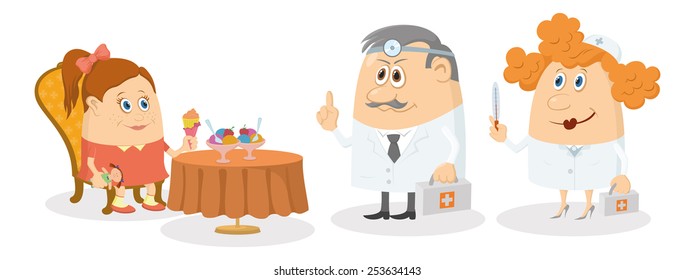 Little girl sitting near table, smiling and eating ice cream while two doctors with first aid kits strictly threaten her, warning of cold, funny cartoon characters, isolated on white background