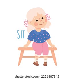 Little Girl Sitting on Bench Demonstrating Vocabulary and Verb Studying Vector Illustration