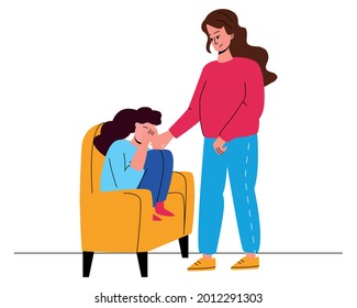 A little girl is sitting on a chair and crying, covering her face with her hands. A woman calms a little touched girl. Support of parents, elders, relatives. Vector illustration in a flat style