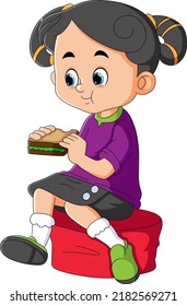 The little girl is sitting on the chair while eating a sandwich of illustration