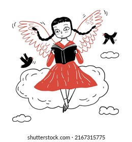 The  little girl sitting on the cloud reading a book. Hand drawn vector illustration. 