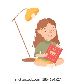Little Girl Sitting on Floor and Reading Book, Preschool Girl Loving Literature, Kids Education Concept Cartoon Style Vector Illustration