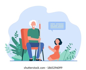 Little girl sitting on floor and speaking with grandfather. Dialog, grandchild, elderly flat vector illustration. Retirement or communication concept for banner, website design or landing web page