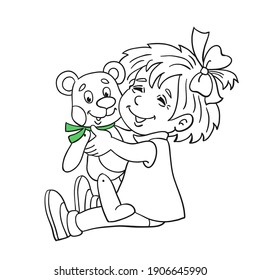 Little girl sitting on the floor with a favorite teddy bear in her arms.   Black and white contour picture with green accent. In cartoon style. For coloring book. Vector illustration.