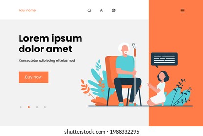 Little girl sitting on floor and speaking with grandfather. Dialog, grandchild, elderly flat vector illustration. Retirement or communication concept for banner, website design or landing web page