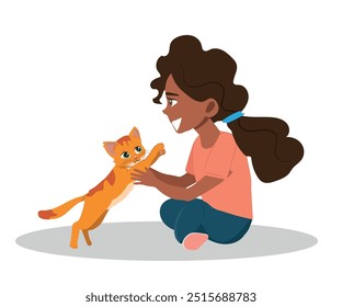 menina sentada no chão brincando com um gatinho. ilustração vetorial.