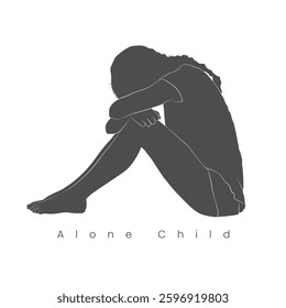 A little girl sitting on floor, An illustration of depressed kid, Vector silhouette of teenaged girl
