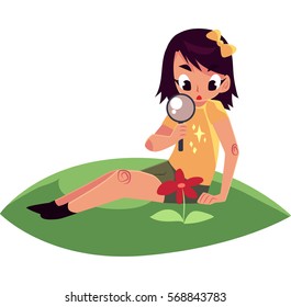 Little girl sitting on grass and studying a flower through magnifying glass, cartoon vector illustration isolated on white background. Little girl, botanist looking at flower through magnifying glass