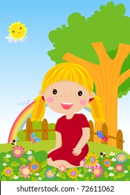 Little girl sitting on grass