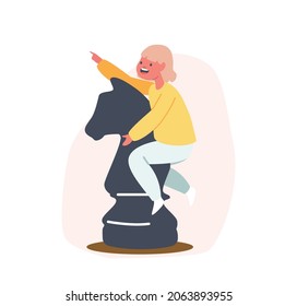 Little Girl Sitting on Huge Horse Figure Playing Chess in Club. Child Enjoying Tactics Game and Logic Activities. Kid Character Education, Tournament or Hobby. Cartoon People Vector Illustration