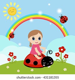 Little girl sitting on a ladybug. Background with clouds and rainbow.