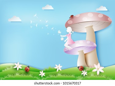 Little girl sitting on mushroom with Dandelion flower floating and ladybug paper art, paper craft style illustration