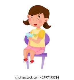 Little Girl Sitting on Small Chair and Drinking Toy Tea Vector Illustration