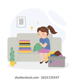 Little girl sitting on sofa and folding clothes. Kids doing housework chores at home concept. House work, Happy child helper. cartoon flat vector illustration