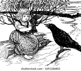 A little girl sitting on stem of tree and looking at bird next to her, tree in background, vintage line drawing or engraving illustration