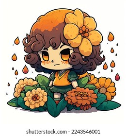 a little girl sitting on top of flowers, a character portrait