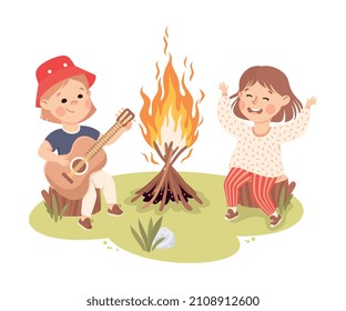 Little Girl Sitting on Tree Stump Near Campfire Playing Guitar and Singing Vector Illustration