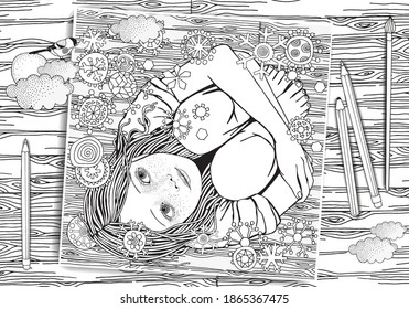 The little girl is sitting on the wooden floor. Snowing.  Snowflakes fall. Black and white doodle coloring book page for adults and children.