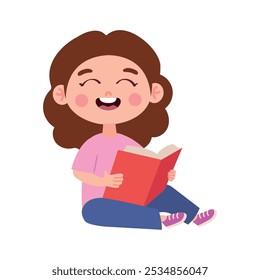 little girl sitting and reading book isolated