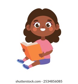 little girl sitting and reading book isolated