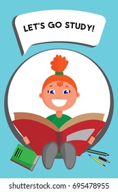 Little girl is sitting and reading book. Vector illustration.
