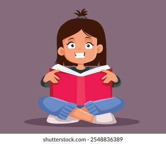 
Niña sentada y leyendo una Ilustración vectorial de novela. Lectora pequeña relajada feliz que sostiene una novela para su edad
