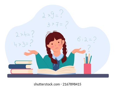 La niña está sentada en una mesa con un libro y, tristemente, extiende sus manos. Escolar haciendo deberes. Hay ejemplos matemáticos en el fondo. Ilustración vectorial en estilo plano