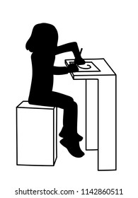 Little girl sitting at table and drawing or writing on list of paper. Black silhouette isolated on white background. Vector illustration of little girl. Monochromatic minimalism. Stencil.