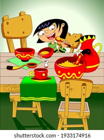 The little girl sitting at a table eats porridge