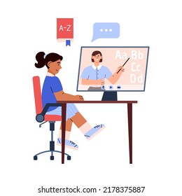 Little girl sitting at the table and learning English alphabet with video lesson flat style, vector illustration isolated on white background. Online language learning concept