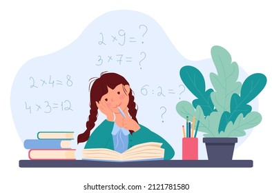 Little girl is sitting at a table over a book and chewing on a pencil. Schoolgirl is learning the multiplication table. There are math examples in the background. Vector illustration in flat style