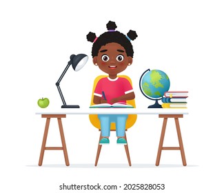 Little girl sitting at the table with a pen in hand learnings lessons. Back to school, time to learning, education. Vector isolated illustration in cartoon 3d style