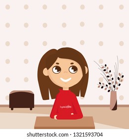 Little girl sitting at the table in the room. Flat cartoon style vector illustration.