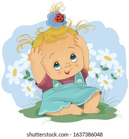 little girl sitting in a turquoise dress among white daisies and she has on her head an insect which she is trying to get with her small arms, isolated object on a white background,