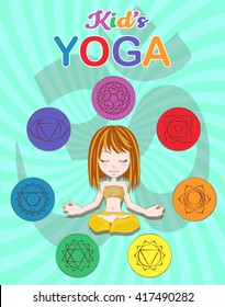 Little girl sitting in a yoga position , Chakra pictograms on choku rei symbol. vector illustration
