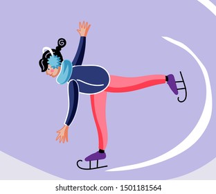 Little girl skating flat vector illustration. Cheerful child in warm clothes cartoon character. Happy childhood, outdoor leisure. Winter holidays, Smiling kid on ice rink, active recreation, pastime