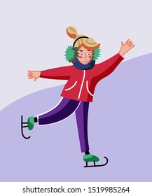 Little girl skating flat vector illustration. Cheerful child in warm clothes cartoon character. Happy childhood, outdoor leisure. Winter holidays, Smiling kid on ice rink, active recreation, pastime