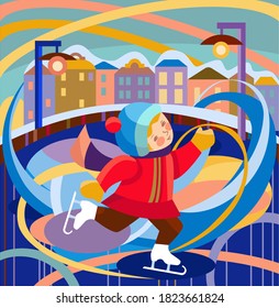 A little girl is skating on a skating rink. Bright multicolored vector illustration in flat style.