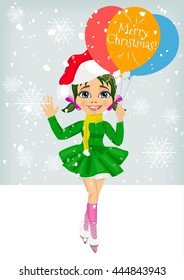little girl skating ourdoors wearing santa hat holding balloons with merry christmas text