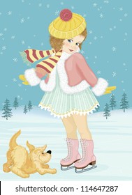 Little girl skating and playing with her dog