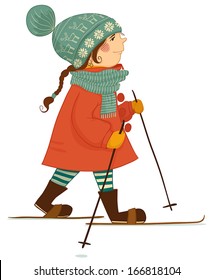 Little girl is skiing.