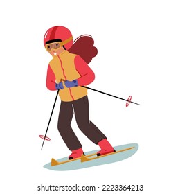 Niña pequeña esquiando con traje deportivo cálido y gafas cuesta abajo por esquí aislado de fondo blanco. Deportes De Invierno, Ocio Al Aire Libre, Tiempo Activo De Repuesto. Ilustración del vector de dibujos animados