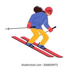 Little Girl Skiing Isolated on White Background. Child Wearing Warm Sportive Costume and Goggles Going Downhill by Skis. Winter Sports, Outdoors Leisure, Active Spare Time. Cartoon Vector Illustration