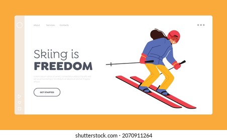 Little Girl Skiing Landing Page Template. Child Wear Warm Sportive Costume and Goggles Going Downhill by Skis. Winter Sports, Outdoors Leisure, Freedom, Active Spare Time. Cartoon Vector Illustration