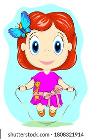 Little girl with a skipping rope little girl with red hair jumps over a skipping rope behind a pink ribbon has a plush giraffe and a butterfly in her hair