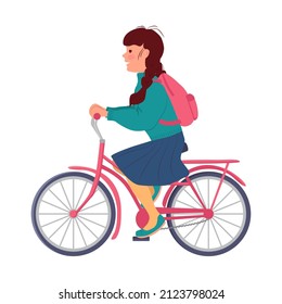 Little girl in a skirt and with a backpack rides a pink bicycle. Vector illustration in flat style on a white background