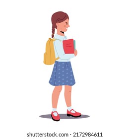 Little girl in skirt go to school. Pupil Character in Uniform and School bag isolated on white. Child with backpack. Back to school. Education. Vector illustration