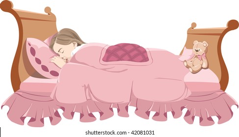 Little girl sleep in pink bed.