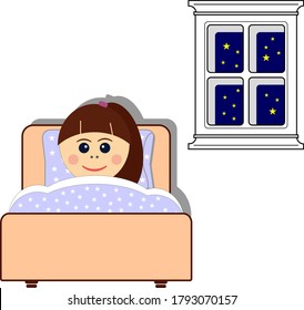 Little girl sleepeng in her bed, midnight time behind window